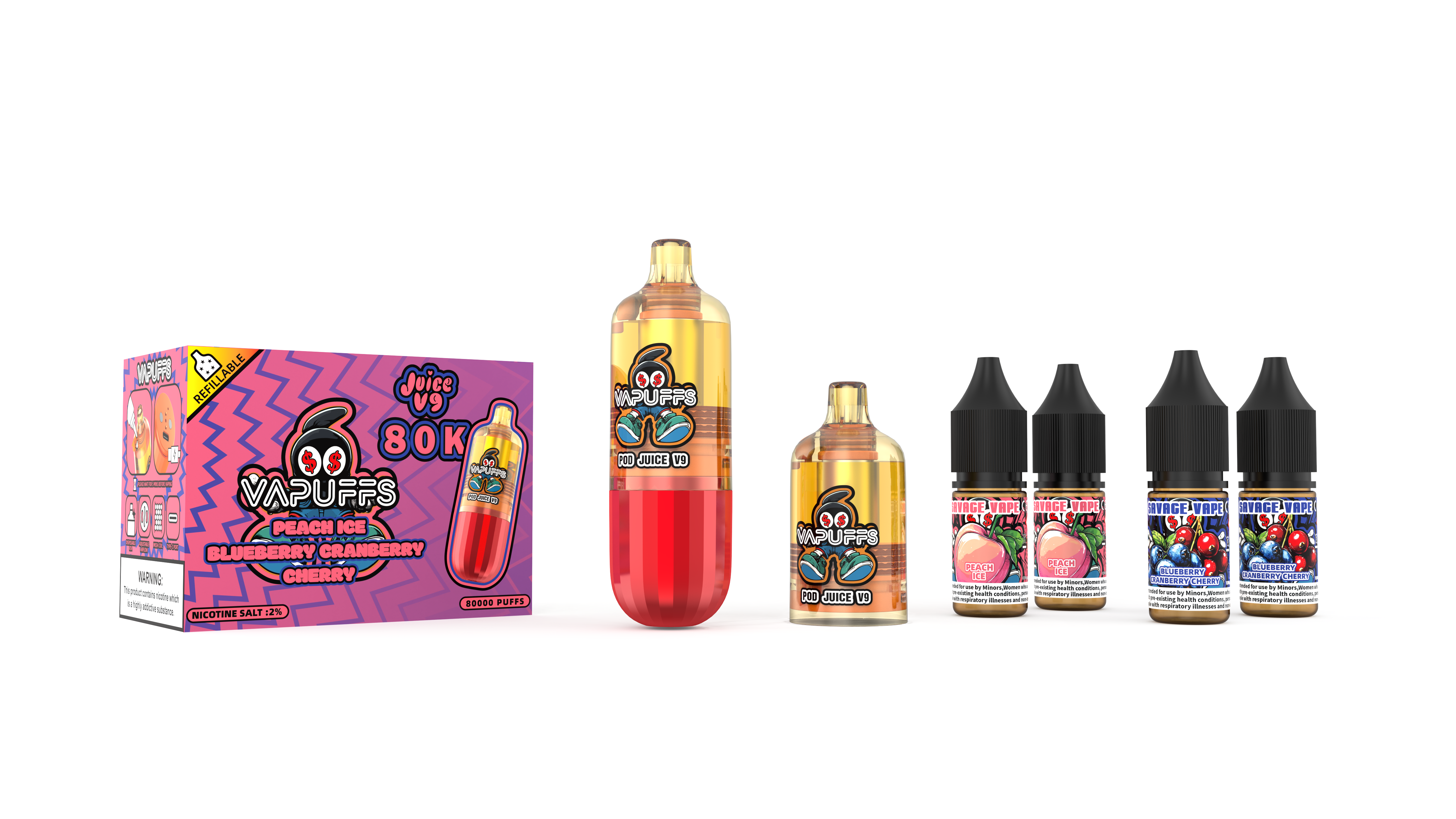 2025 Новый дизайн со склада ЕС Vapuffs Juicy V9 80k Puffs Одноразовые комплекты многоразового использования Стручки + 4 электронных жидкости Высокое качество Vape-Peach Ice / Blueberry Cranberry Cherry