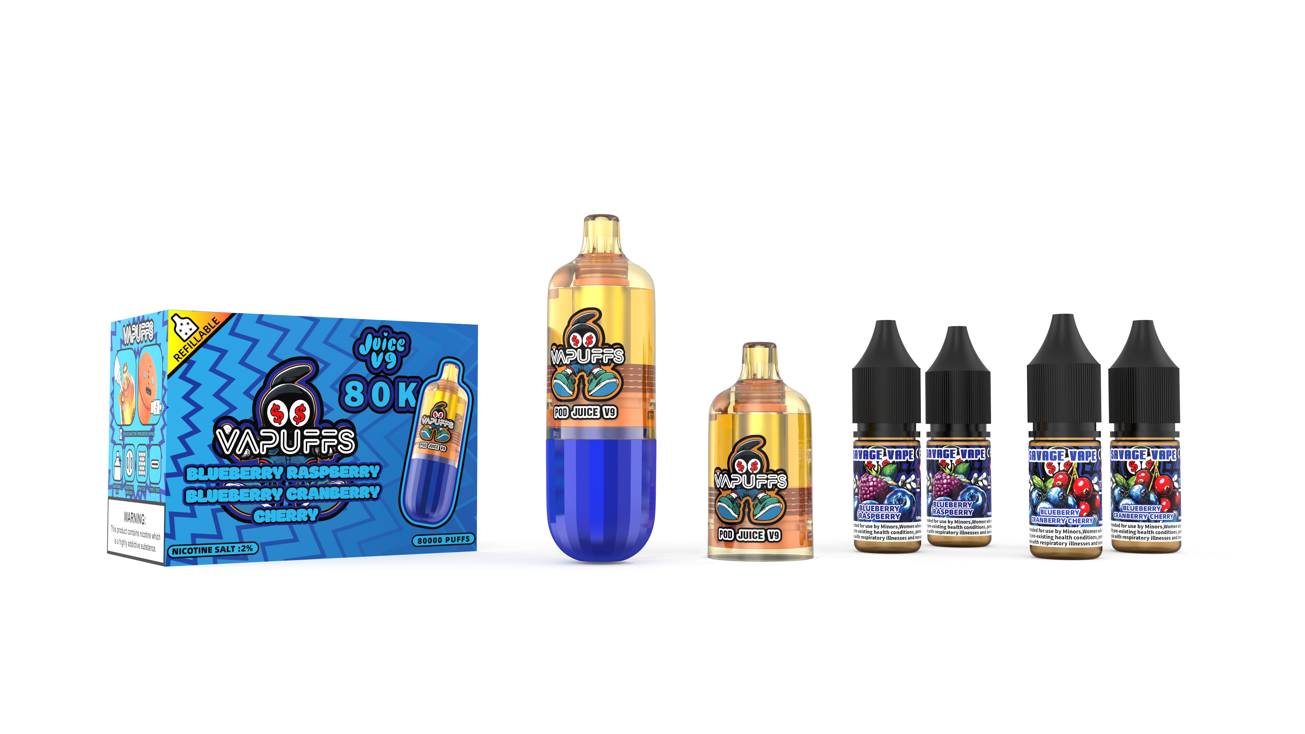 2025 Новый дизайн со склада ЕС Vapuffs Juicy V9 80k Puffs Одноразовые наборы многоразового использования Стручки + 4 электронных жидкости Высокое качество Vape-черника Малина/черника Клюква Вишня
