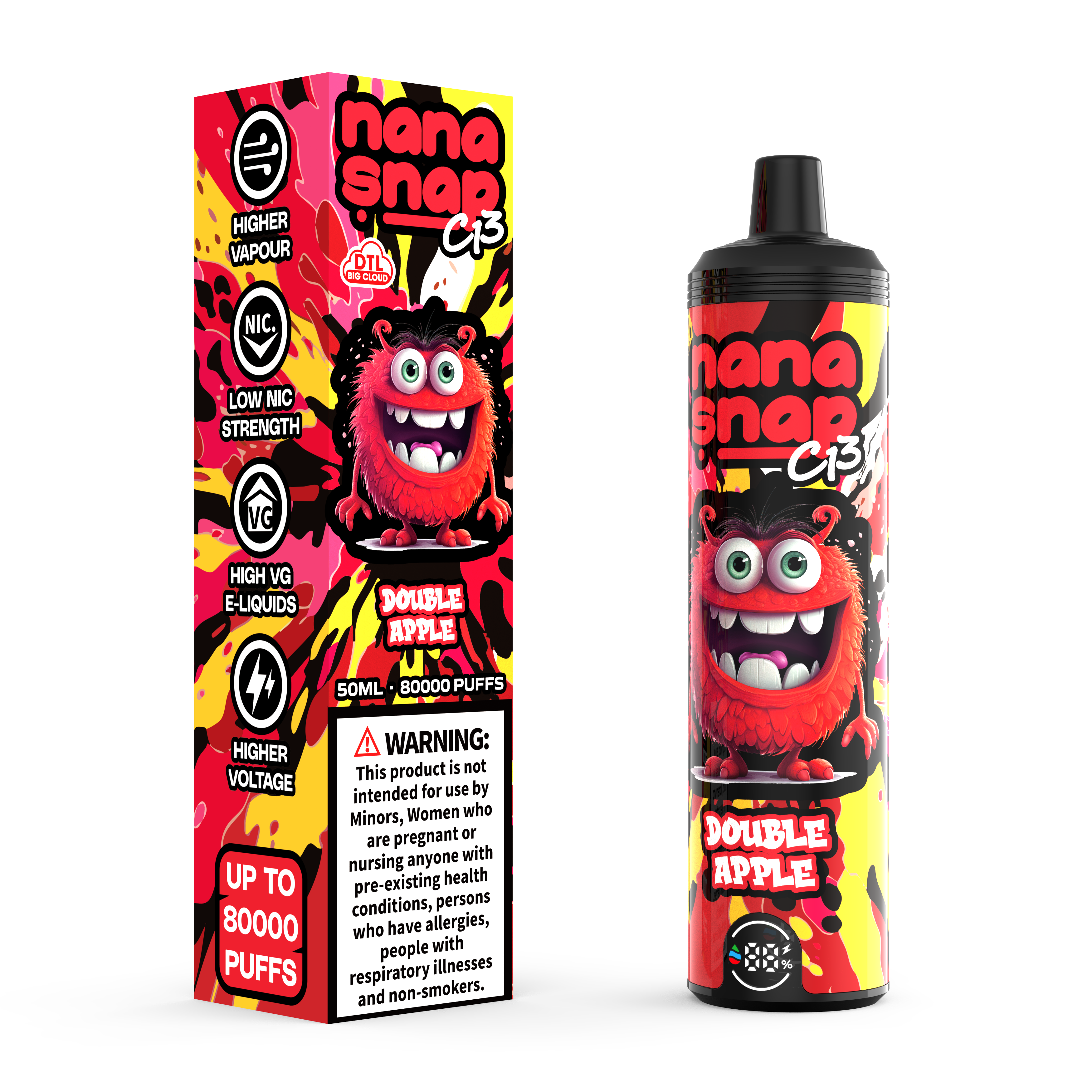 Высококачественный Nanasnap C13 80000 Puff 60000 50000 E Сигаретный карманный кальян DTL Vaper 50ml E-Liquid Двойная сетчатая катушка ЕС склада одноразовый вейп 80K 60K-Double Apple.