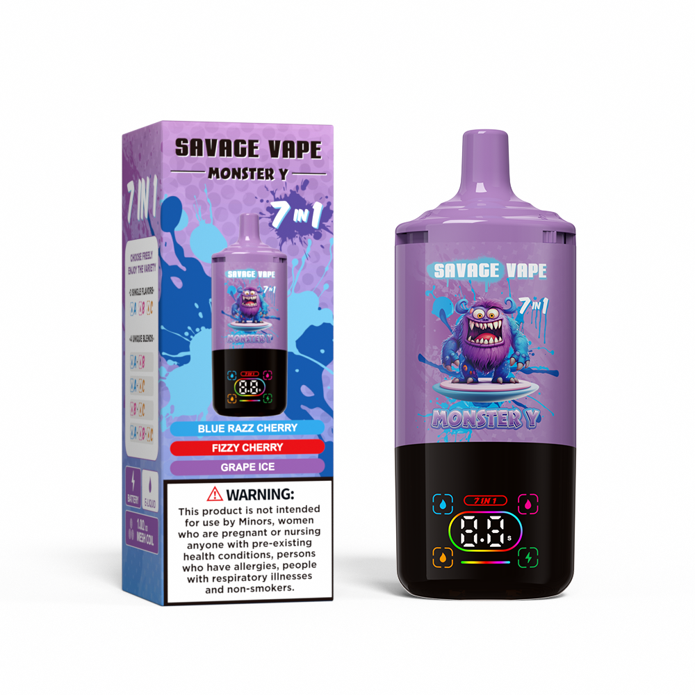 Верхняя продажа Savage Monster Y 80000 Puff 65000 50000 E Сигарета 7 в 1 с двойной сетчатой катушкой Smart Display 30+30+30 мл E-Liquid Eu Warehouse Одноразовый Vape 80K 65K 50K-Blue Cherry & Fizzy Cherry