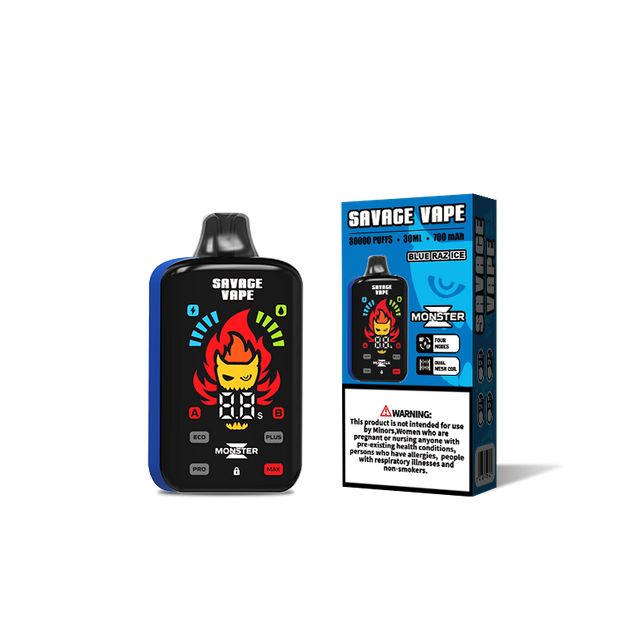 Склад ЕС Savage Monster Z 30000 Puff 30k Одноразовая электронная сигарета Vape с перезаряжаемой батареей 700 мАч - синий малиновый лед